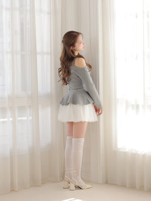 【Pre Order】Ribbon peplum tulle knit set (eme11018)