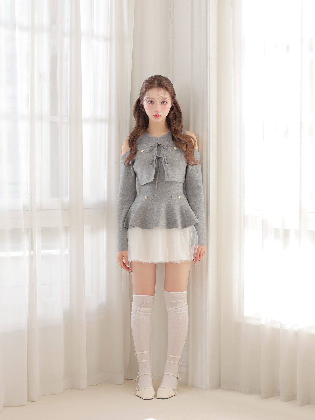 【Pre Order】Ribbon peplum tulle knit set (eme11018)
