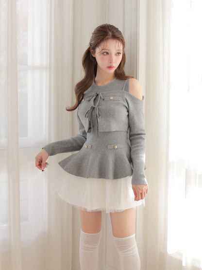 【Pre Order】Ribbon peplum tulle knit set (eme11018)