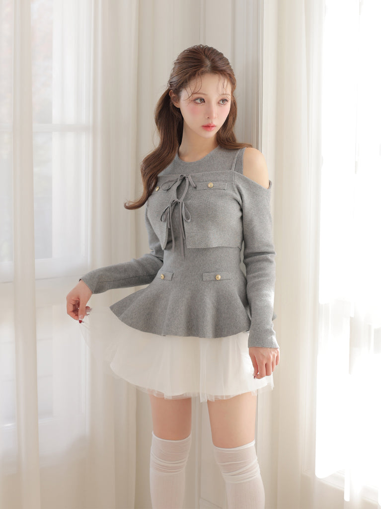 【Pre Order】Ribbon peplum tulle knit set (eme11018)