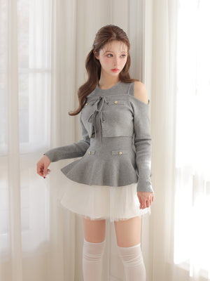 【Pre Order】Ribbon peplum tulle knit set (eme11018)