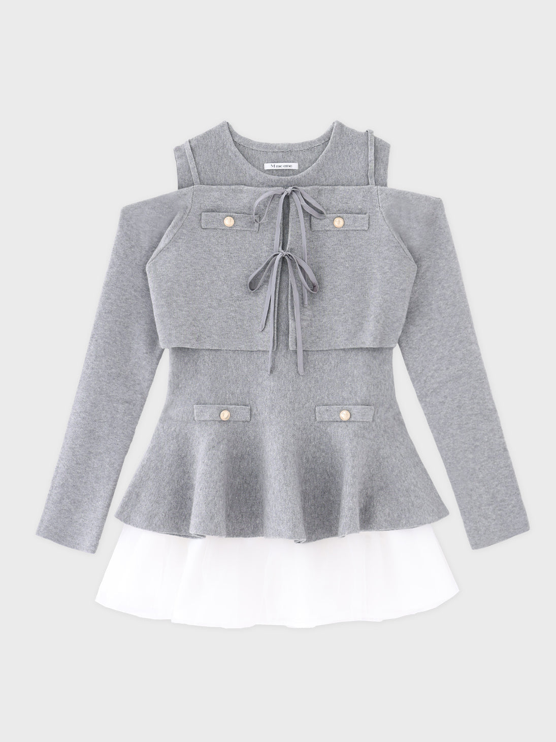【Pre Order】Ribbon peplum tulle knit set (eme11018)