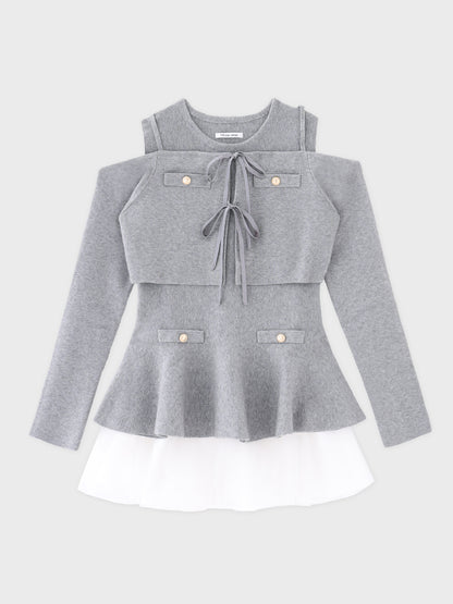 【Pre Order】Ribbon peplum tulle knit set (eme11018)