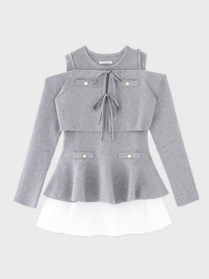 【Pre Order】Ribbon peplum tulle knit set (eme11018)