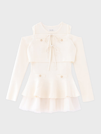 【Pre Order】Ribbon peplum tulle knit set (eme11018)