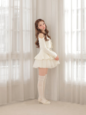 【Pre Order】Ribbon peplum tulle knit set (eme11018)