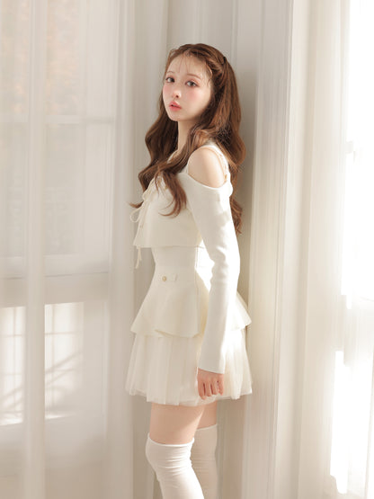 【Pre Order】Ribbon peplum tulle knit set (eme11018)