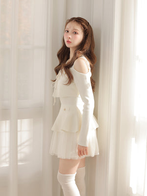 【Pre Order】Ribbon peplum tulle knit set (eme11018)