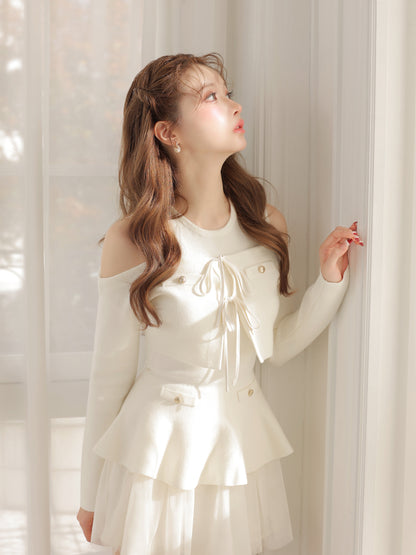 【Pre Order】Ribbon peplum tulle knit set (eme11018)