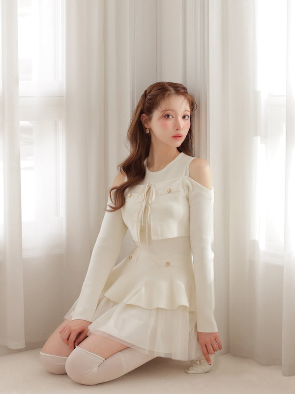 【Pre Order】Ribbon peplum tulle knit set (eme11018)