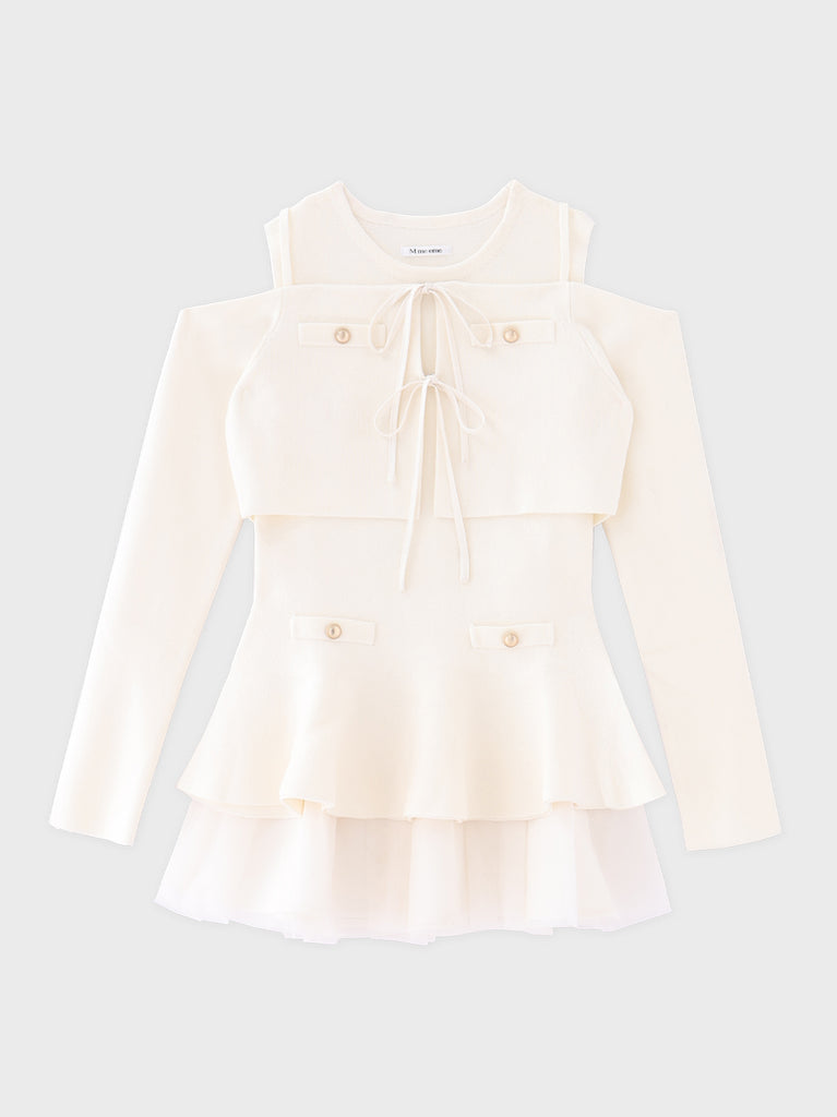 【Pre Order】Ribbon peplum tulle knit set (eme11018)