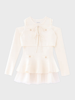 【Pre Order】Ribbon peplum tulle knit set (eme11018)