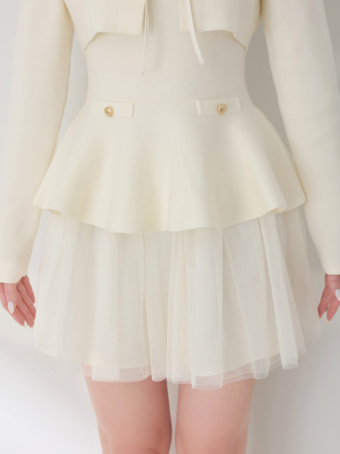 【Pre Order】Ribbon peplum tulle knit set (eme11018)