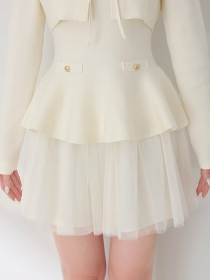 【Pre Order】Ribbon peplum tulle knit set (eme11018)
