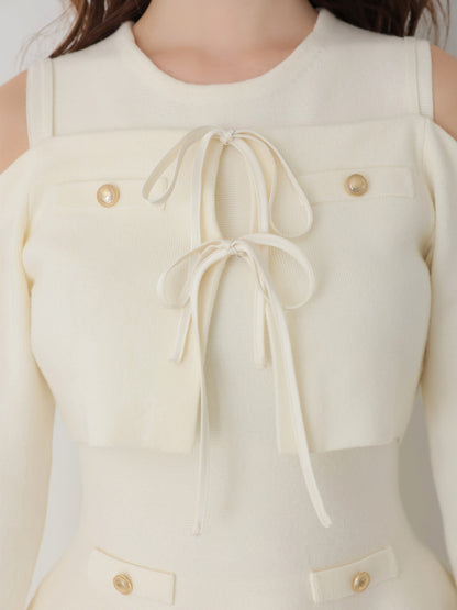 【Pre Order】Ribbon peplum tulle knit set (eme11018)