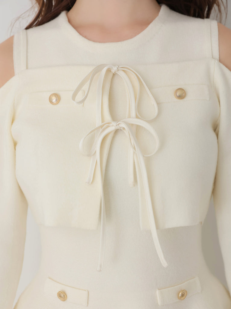 【Pre Order】Ribbon peplum tulle knit set (eme11018)