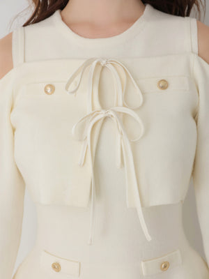 【Pre Order】Ribbon peplum tulle knit set (eme11018)