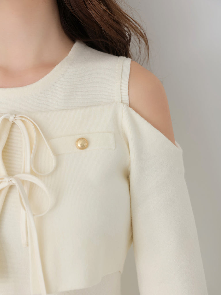 【Pre Order】Ribbon peplum tulle knit set (eme11018)