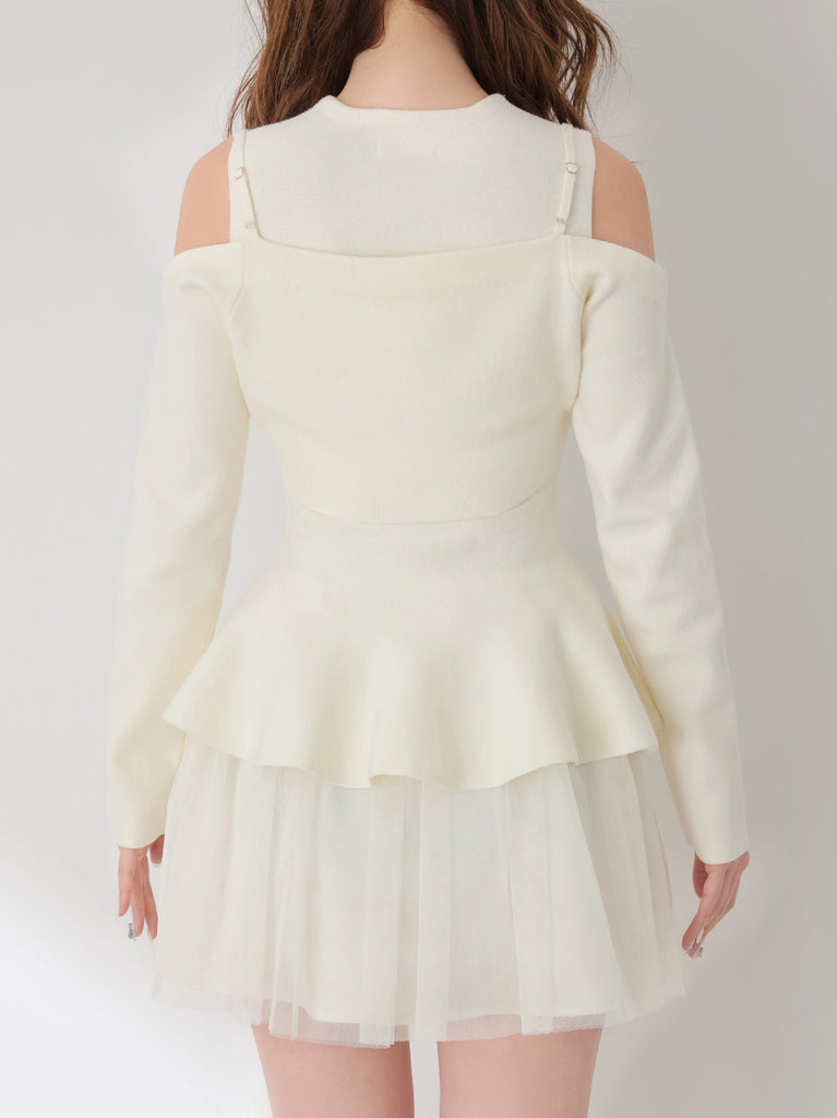 【Pre Order】Ribbon peplum tulle knit set (eme11018)