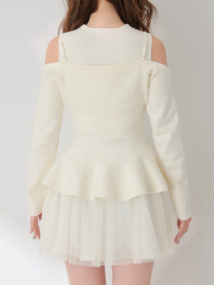 【Pre Order】Ribbon peplum tulle knit set (eme11018)