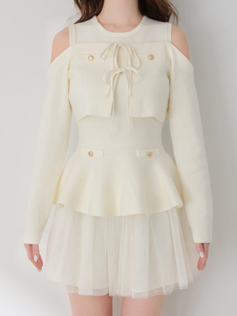 【Pre Order】Ribbon peplum tulle knit set (eme11018)