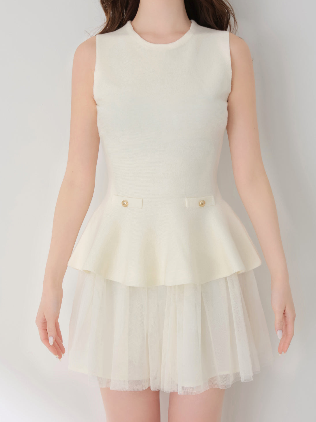 【Pre Order】Ribbon peplum tulle knit set (eme11018)