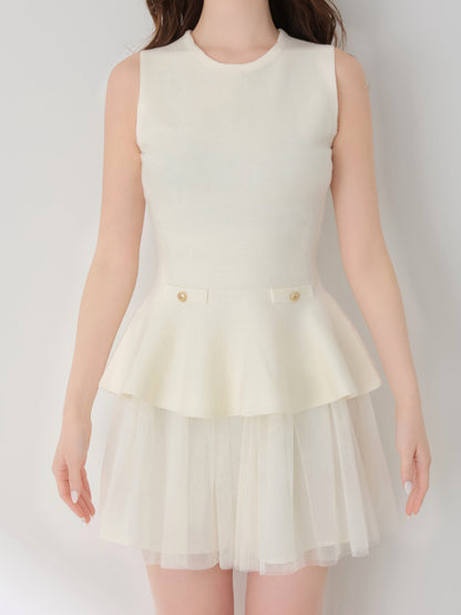 【Pre Order】Ribbon peplum tulle knit set (eme11018)