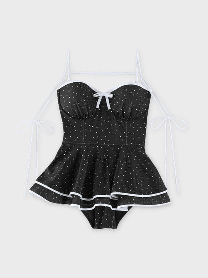 【Pre Order】Petite dot ribbon peplum swimwear(eme11024)
