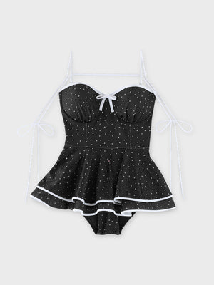 【Pre Order】Petite dot ribbon peplum swimwear(eme11024)