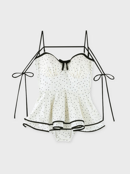 【Pre Order】Petite dot ribbon peplum swimwear(eme11024)