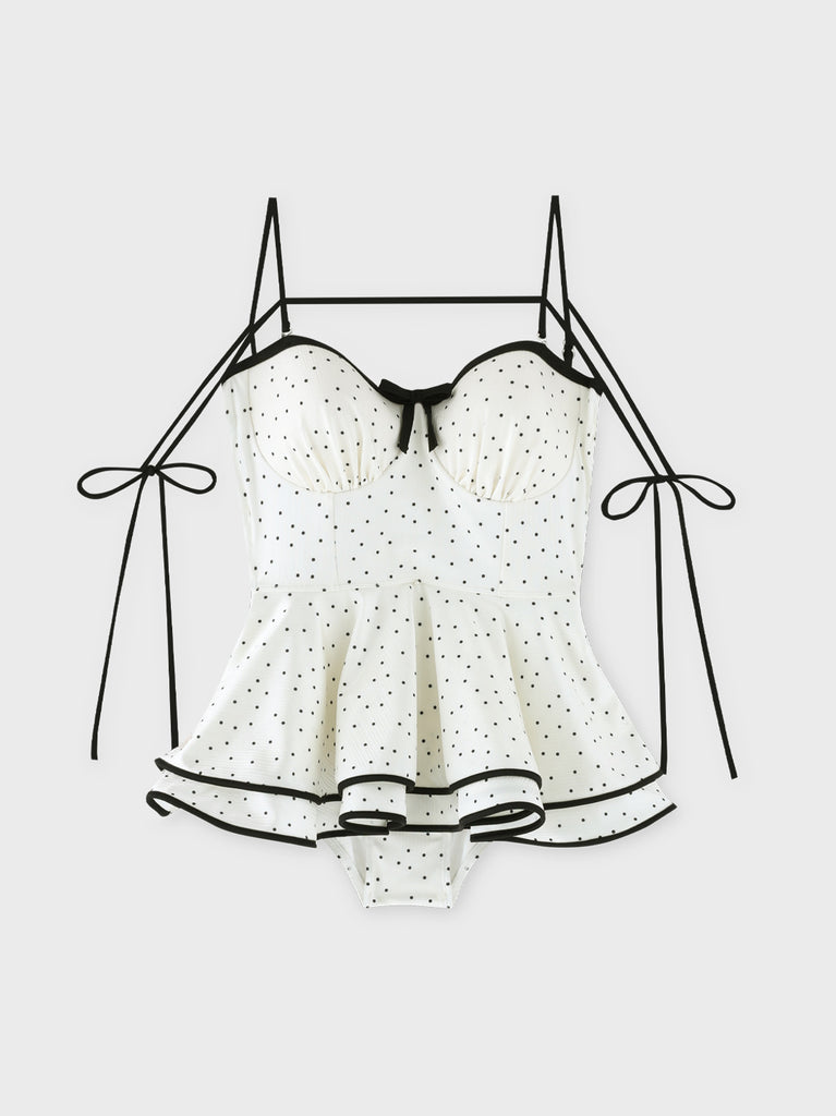 【Pre Order】Petite dot ribbon peplum swimwear(eme11024)