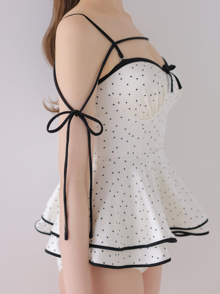 【Pre Order】Petite dot ribbon peplum swimwear(eme11024)