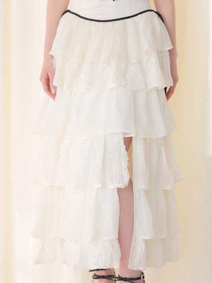 【Pre Order】Frill chiffon tiered slit long skirt(eme11027)