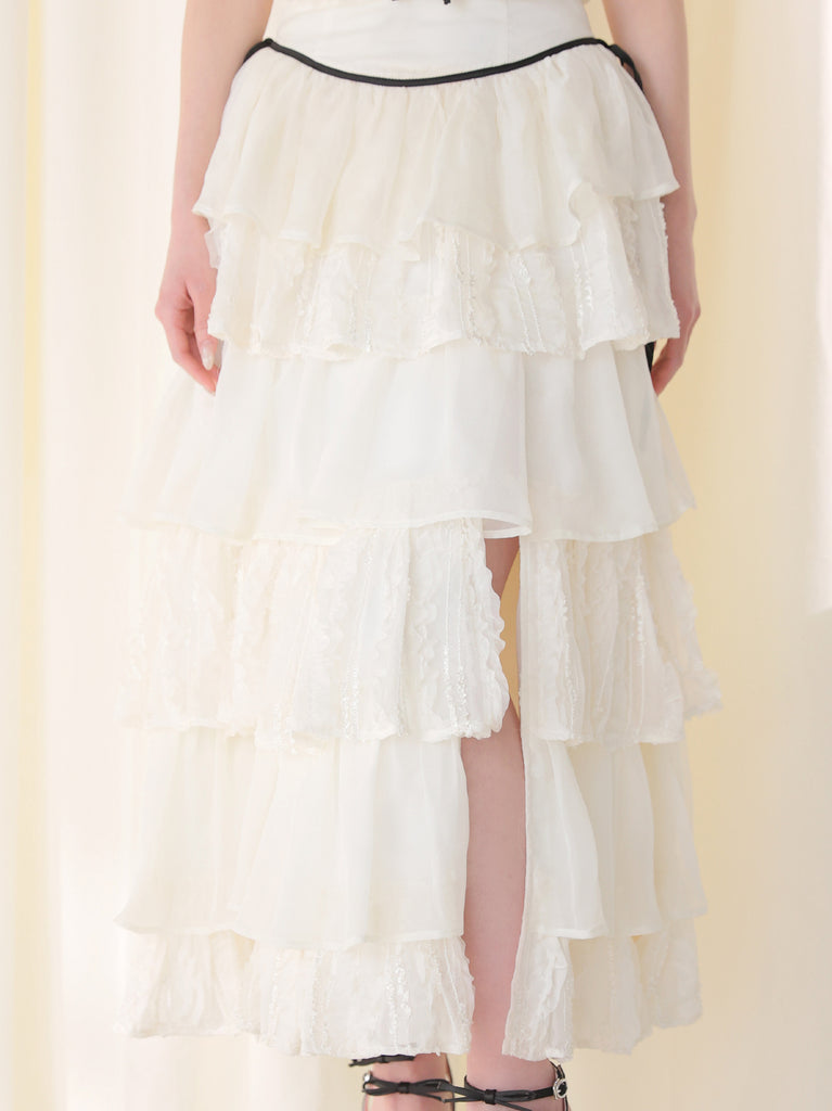 【Pre Order】Frill chiffon tiered slit long skirt(eme11027)
