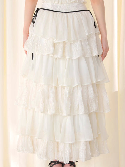 【Pre Order】Frill chiffon tiered slit long skirt(eme11027)