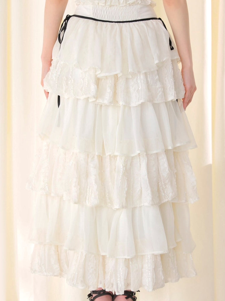 【Pre Order】Frill chiffon tiered slit long skirt(eme11027)