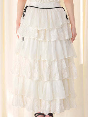 【Pre Order】Frill chiffon tiered slit long skirt(eme11027)