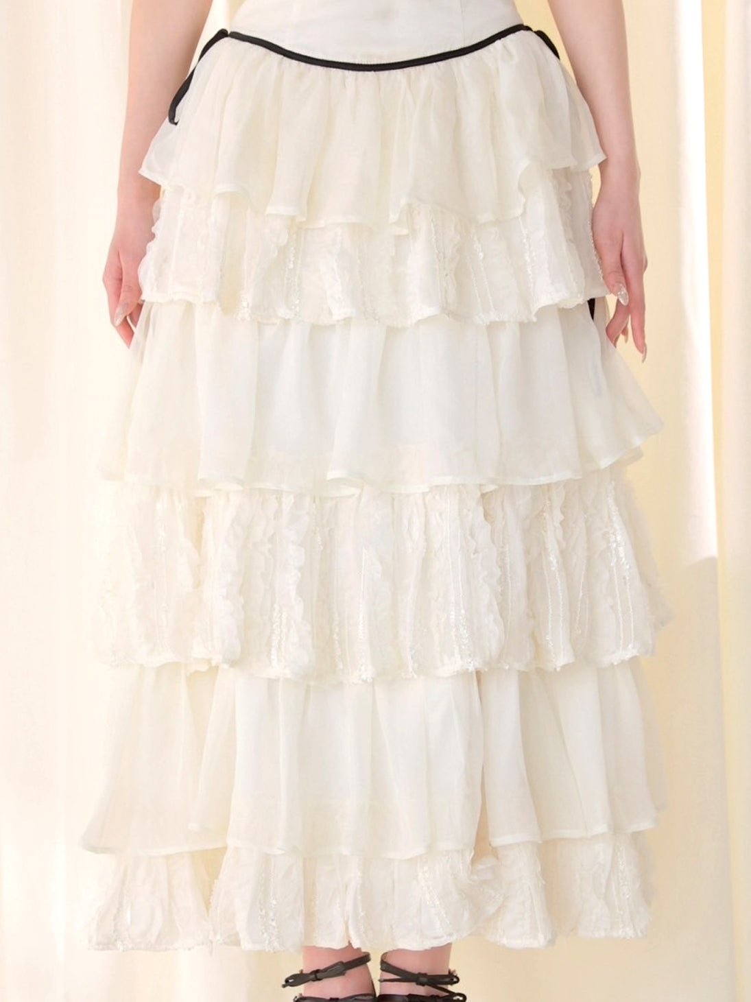 【Pre Order】Frill chiffon tiered slit long skirt(eme11027)