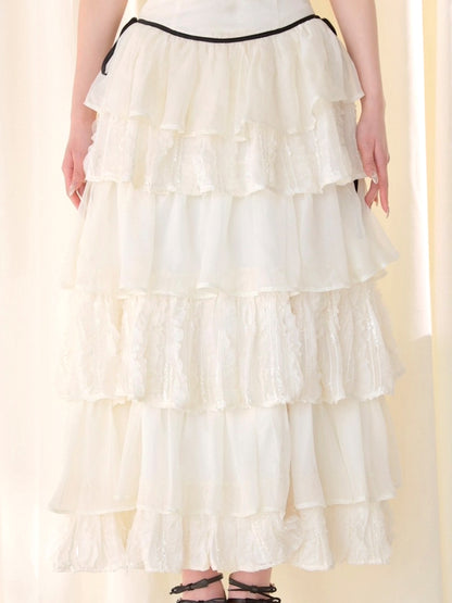 【Pre Order】Frill chiffon tiered slit long skirt(eme11027)