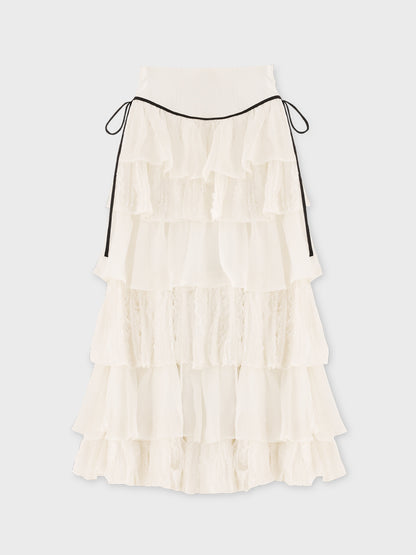 【Pre Order】Frill chiffon tiered slit long skirt(eme11027)