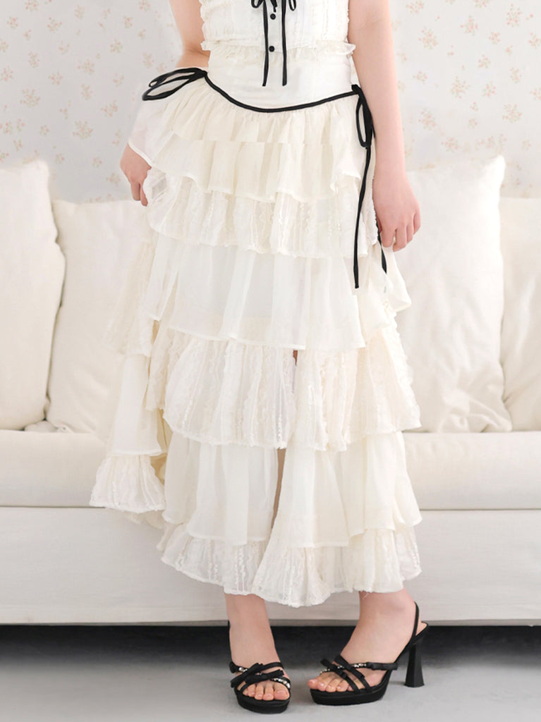 【Pre Order】Frill chiffon tiered slit long skirt(eme11027)