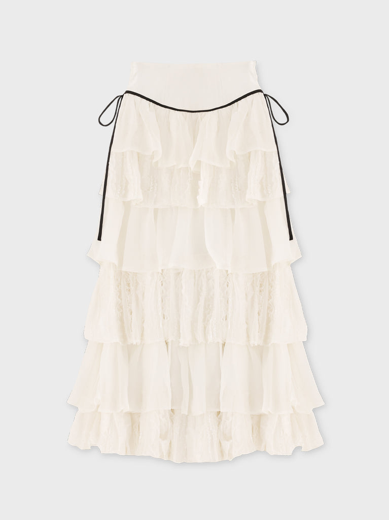 【Pre Order】Frill chiffon tiered slit long skirt(eme11027)