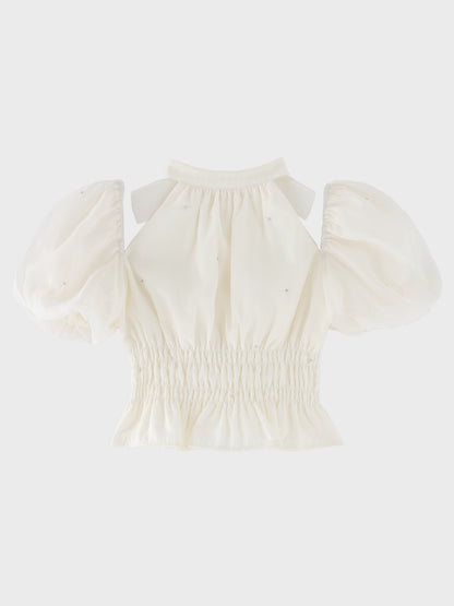 【Pre Order】Puff sleeve shirring cut out tops(eme11030)