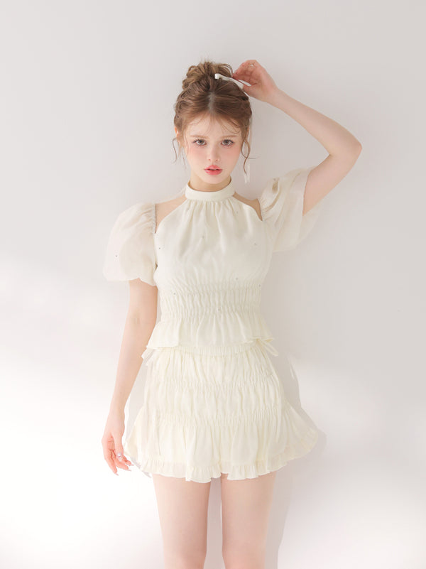 Puff sleeve shirring cut out tops(eme11030)