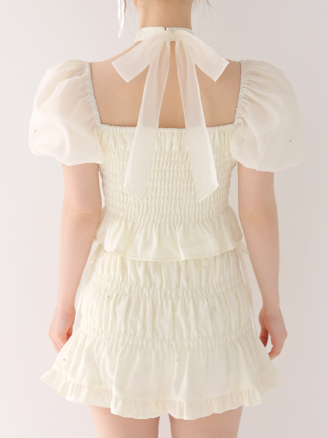 【Pre Order】Shirring frill bijou mini skirt(eme11109)