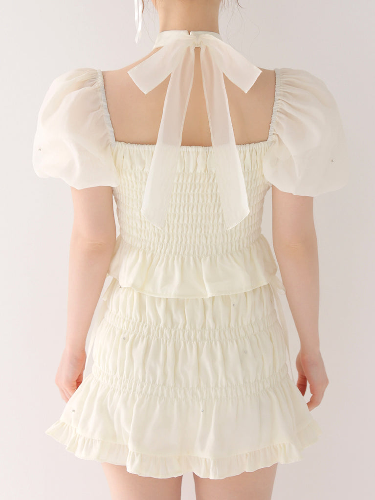【Pre Order】Shirring frill bijou mini skirt(eme11109)
