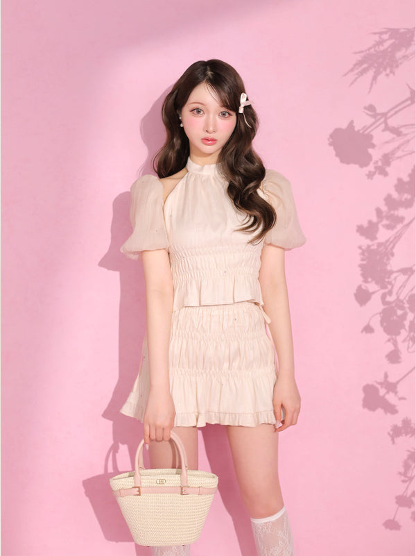 Puff sleeve shirring cut out tops(eme11030)