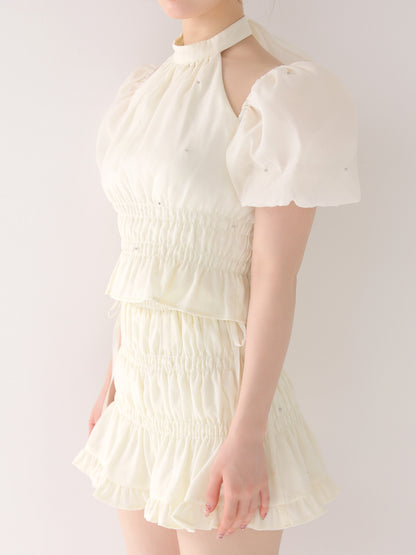【Pre Order】Puff sleeve shirring cut out tops(eme11030)