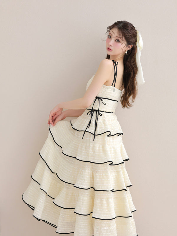 【Pre Order】Tiered frill piping ribbon long onepiece(eme11037)