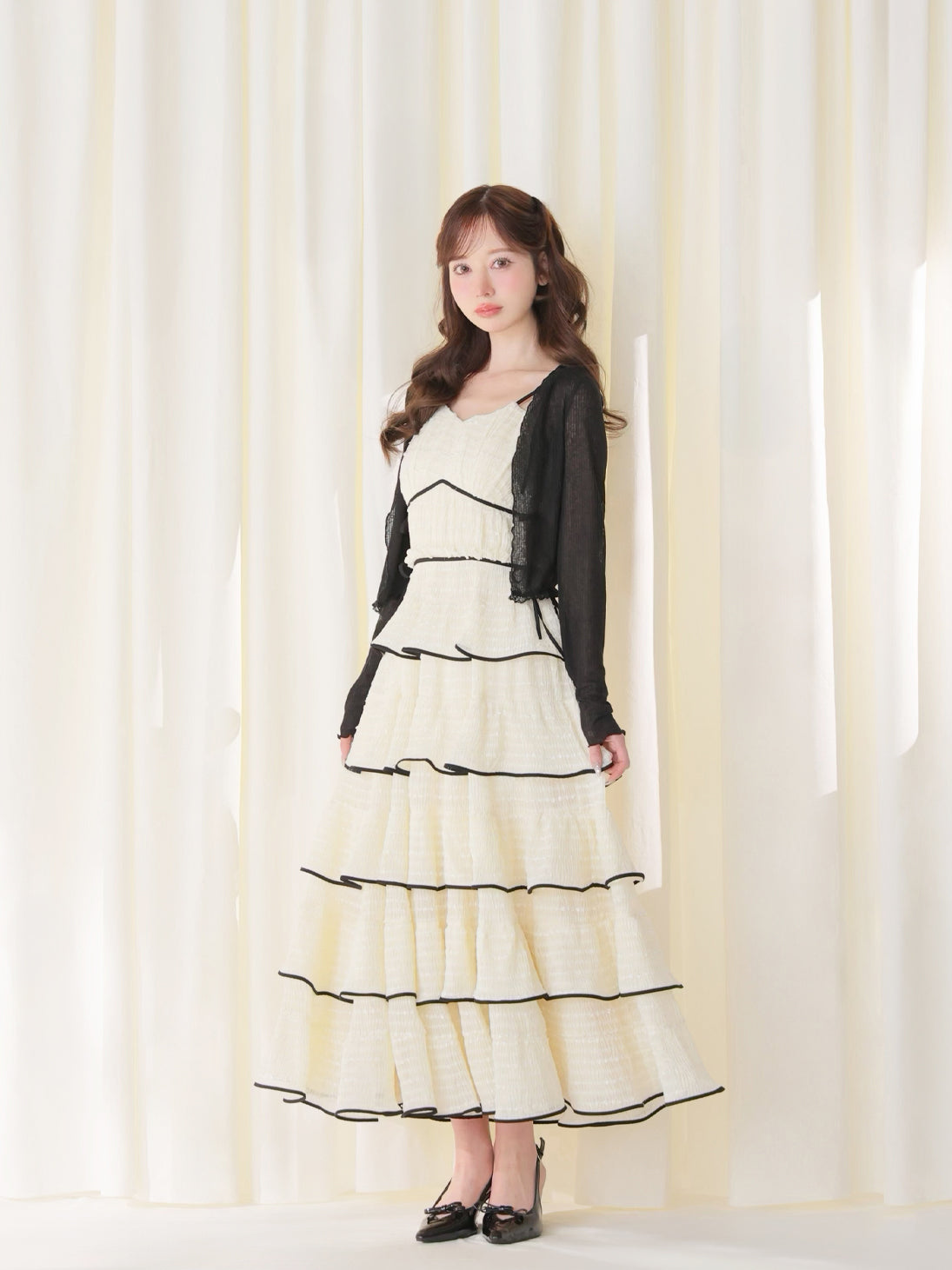 ワンピース m me eme Frill tiered dress Tiered frill piping ribbon long onepiece(eme11037) – M me eme
